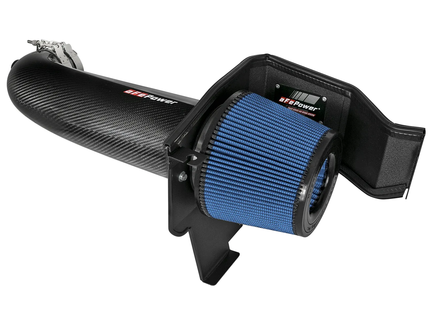 Black air intake system featuring a blue air filter, designed for enhanced engine performance and airflow efficiency.
